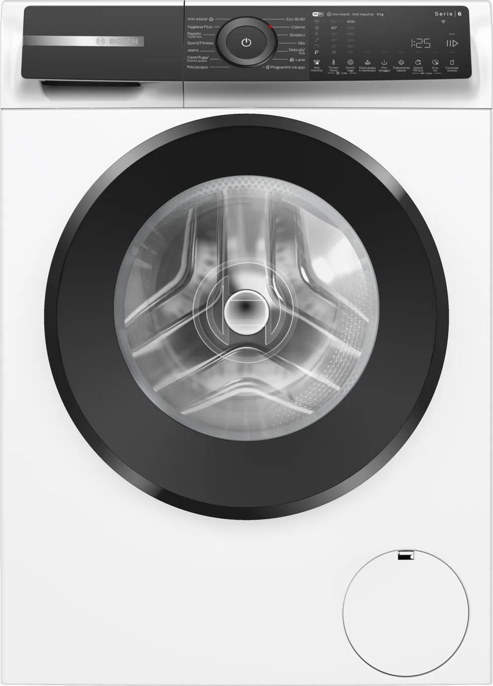 Bosch Serie 6 WGH24400IT Lavatrice a carica frontale 9 Kg 1400 giri Classe A-20% Home Connect Vapore Iron Assist Trattamento vapore Programma Hygiene Plus Motore Inverter EcoSilence Bianco