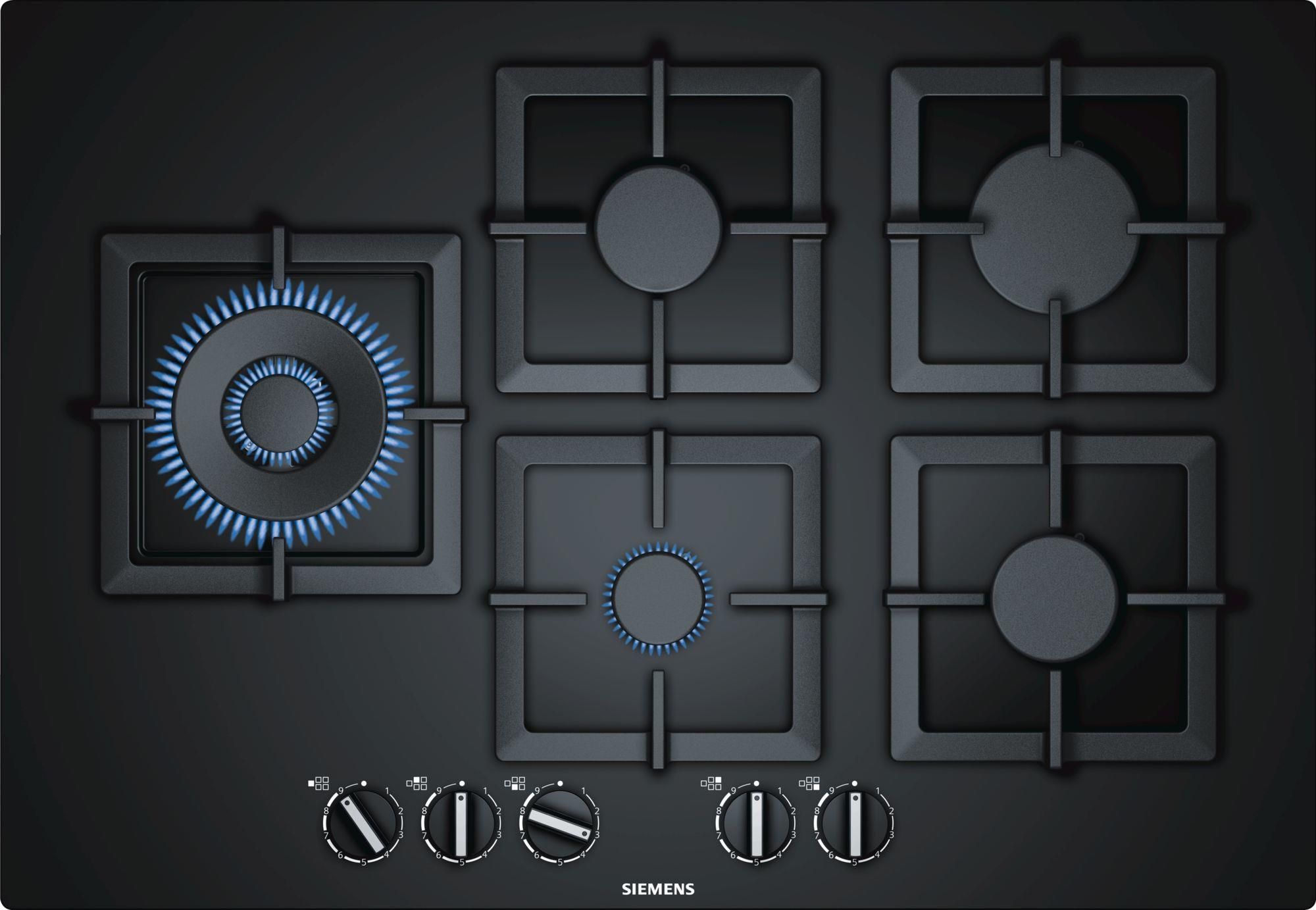 Siemens EP7A6SB20 Linea iQ500 Piano Cottura a Gas 5 Zone 1 turboWok stepFlame 9 Livelli di potenza Griglie in Ghisa 75cm Nero