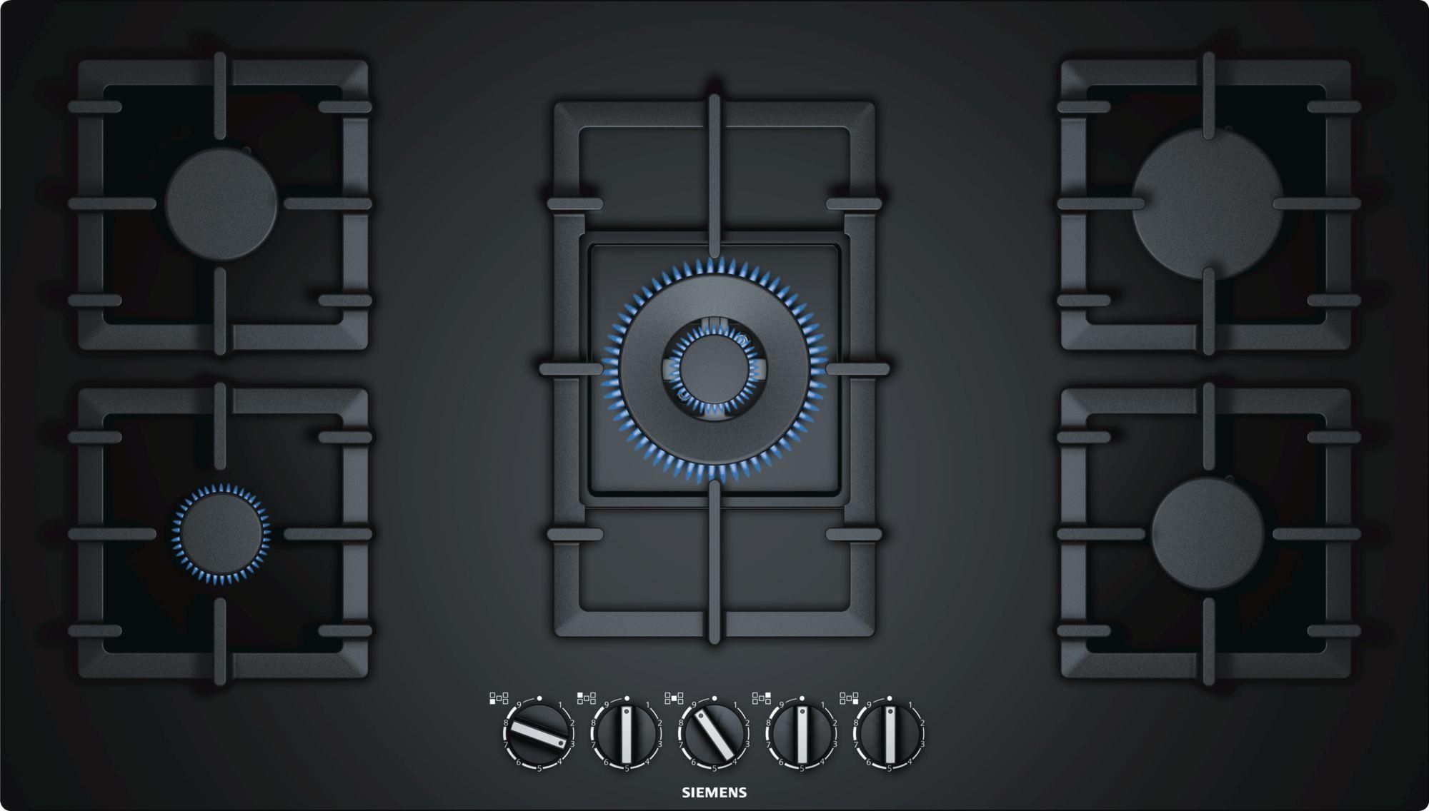 Siemens EP9A6QB90 Linea iQ500 Piano Cottura a Gas 5 Zone 1 TurboWok stepFlame 9 Livelli di potenza Griglie in Ghisa 90 cm Nero