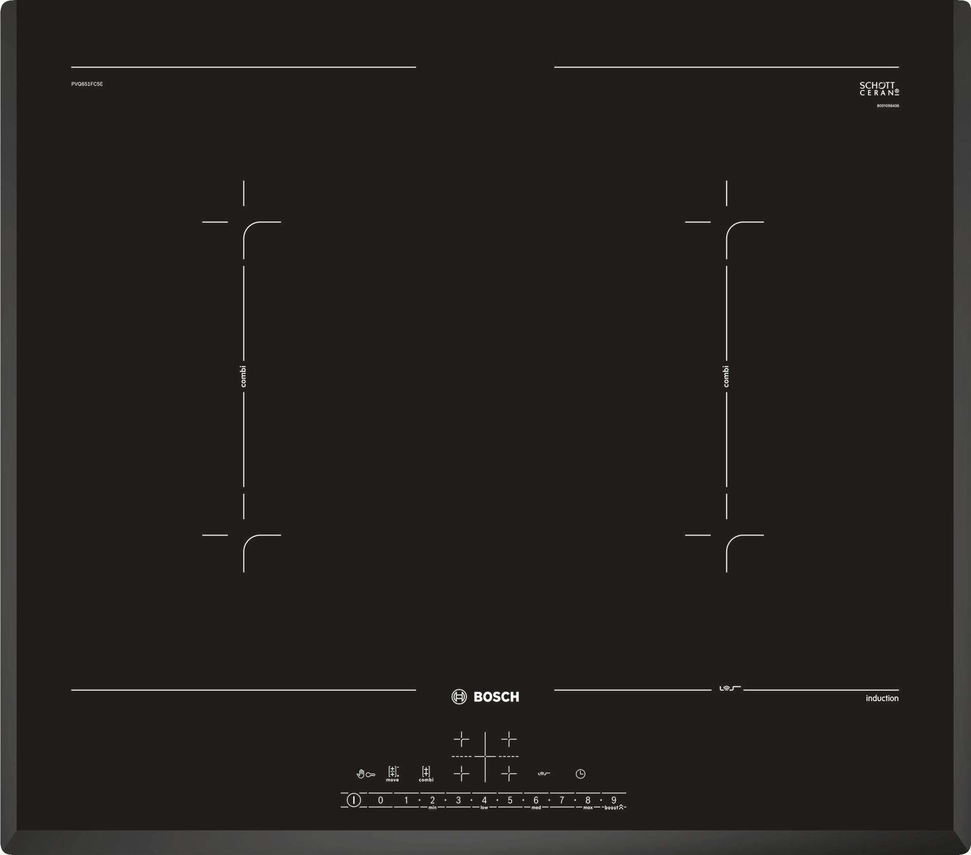 Bosch PVQ651FC5E Serie 6 Piano Cottura a Induzione in Vetroceramica 4 Zone DirectSelect CombiZone PerfectFry MoveMode PowerBoost 60 cm Nero