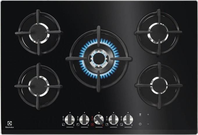 Electrolux PVN75FUOV Piano cottura a gas 5 Fuochi 1 bruciatore Wok multicorona 75 cm Connessione Hob2Hood Griglie in ghisa Cristallo temprato Nero