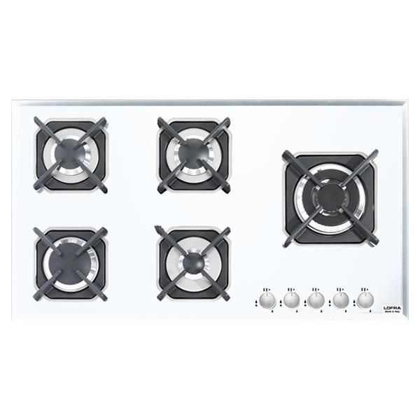 Lofra HGB950 Piano Cottura Vetro Marte 90cm Bianco 4 Fuochi 1 Tripla Corona Comandi Laterali Destra