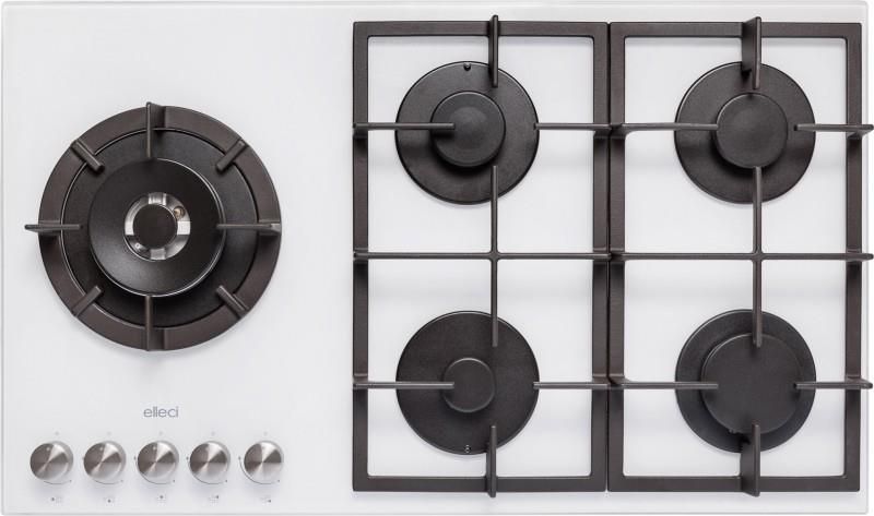Elleci PKCQ90296DS Linea Quadro Piano Cottura a Gas 5 Zone di cui 1 Corona Multipla laterale Griglie Ghisa 90 cm Bianco Cristallo Temperato
