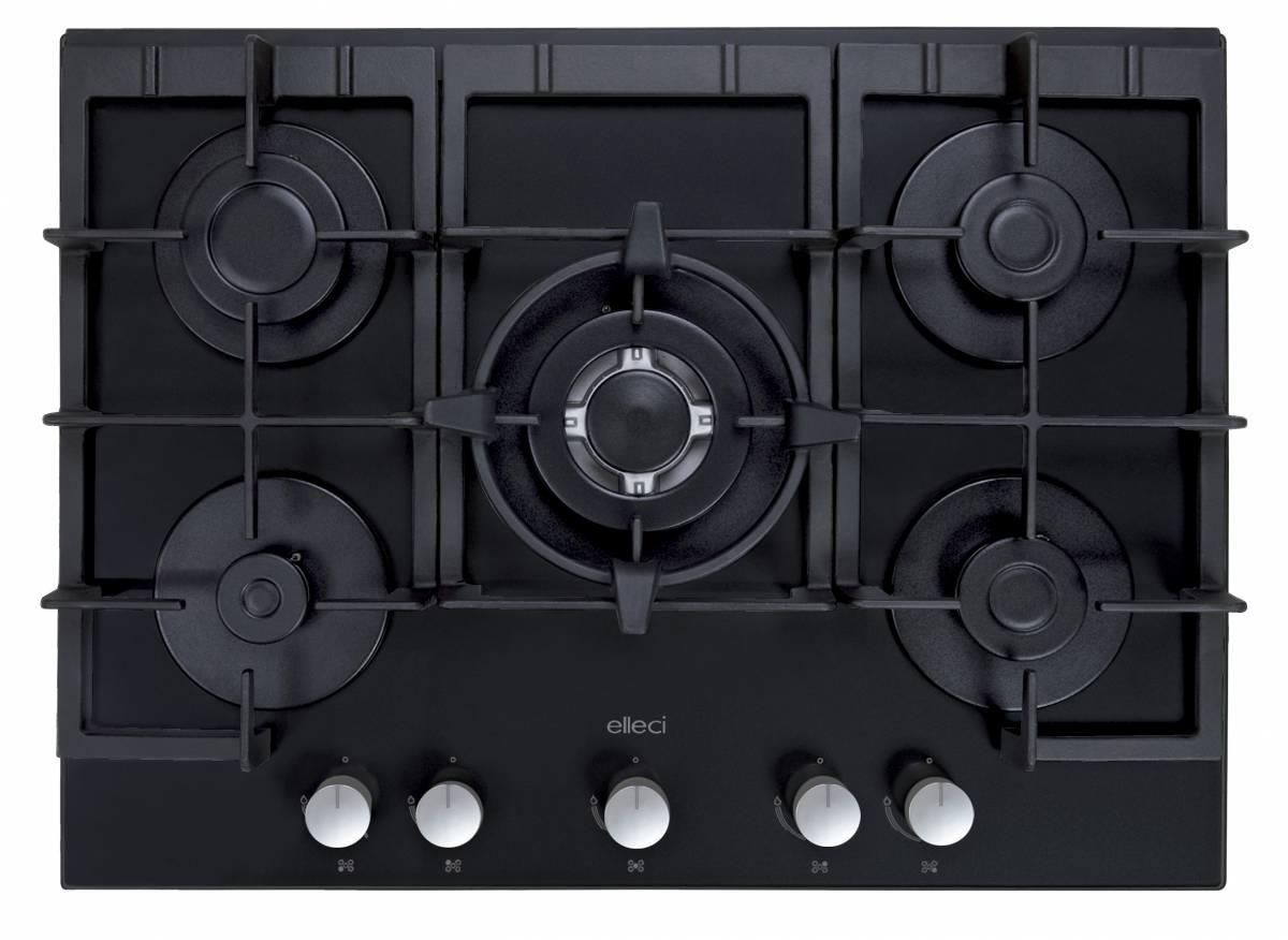 Elleci PKCQ70286CS Linea Quadro Piano Cottura a Gas 5 Zone 1 Tripla Corona centrale Griglie Ghisa Manopole Silver 70 cm Nero Cristallo Temperato