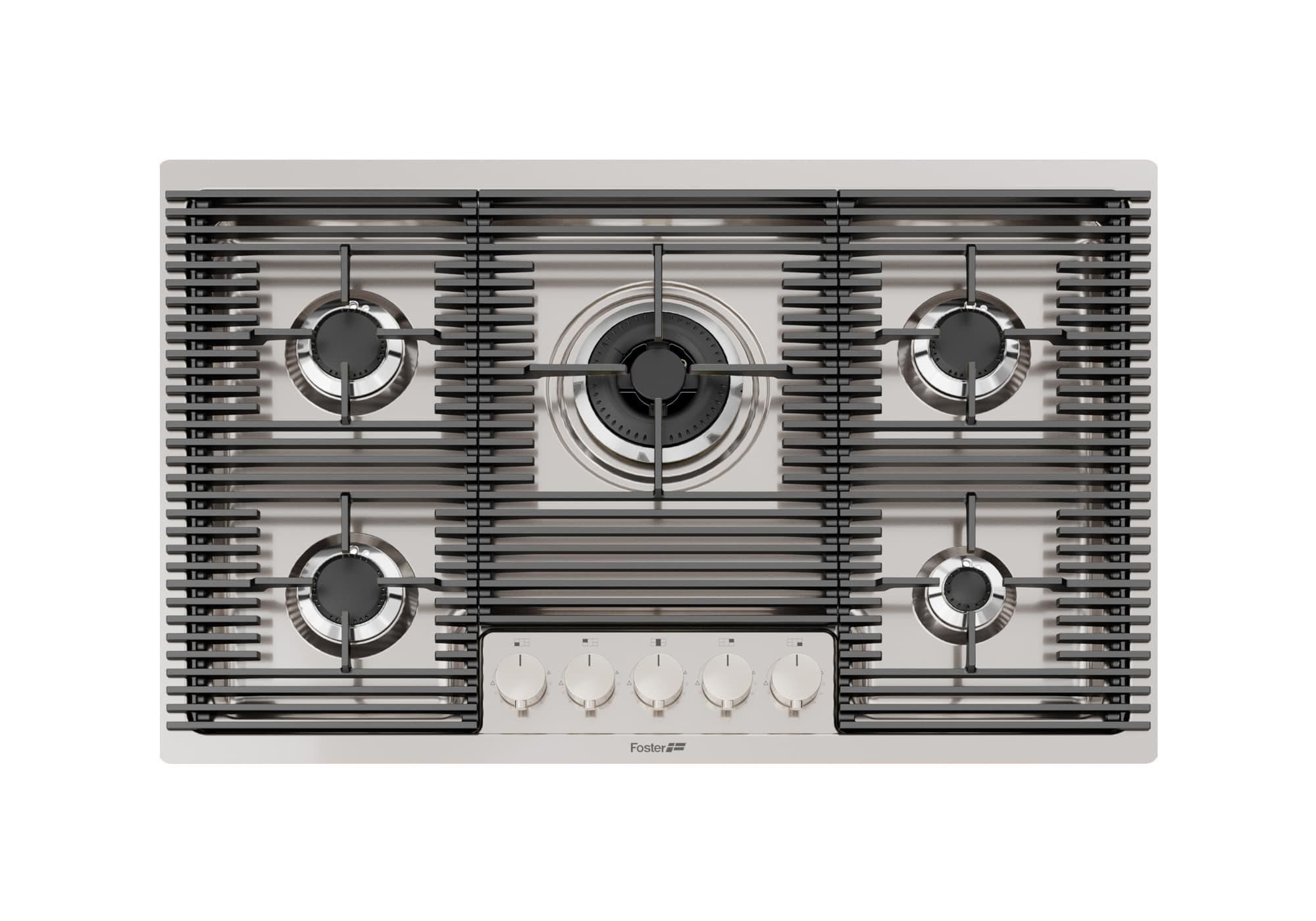 Foster 7682 000 Linea Milanello Piano Cottura a Gas 5 Zone 1 Tripla Corona Griglie in Ghisa PrecisePower 80 cm Acciaio Inox