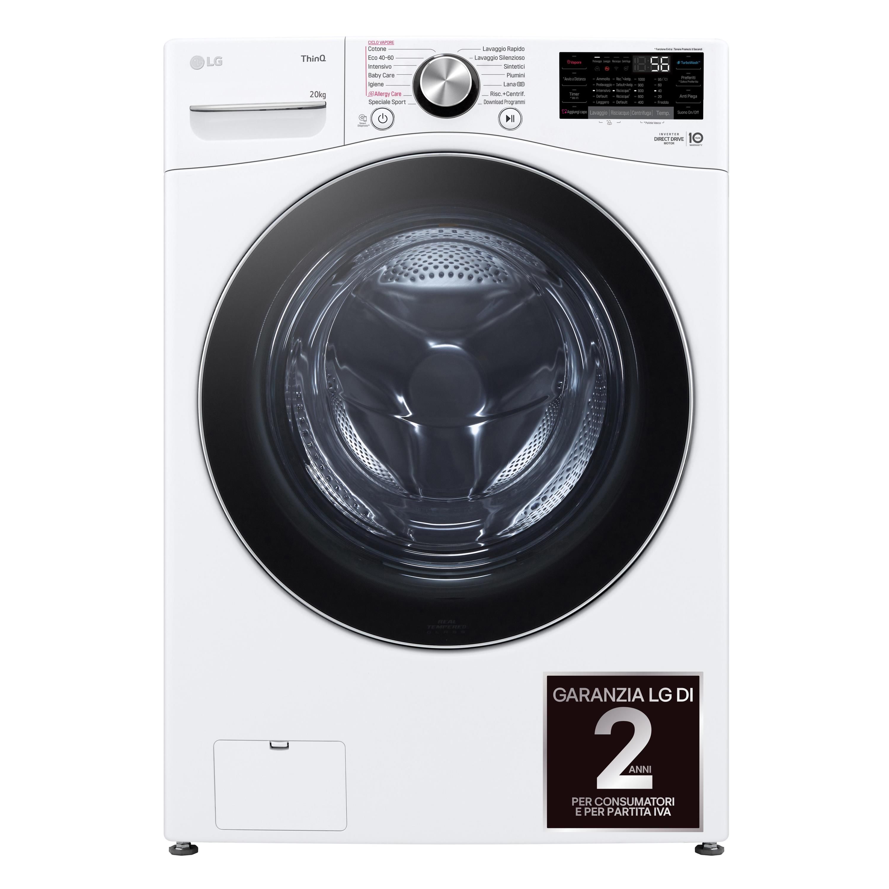 LG Serie P3 F0P3020TSWC Lavatrice libera installazione XL 20Kg AI DD Classe B 1000 giri TurboWash 360 Vapore Wi-Fi Bianco
