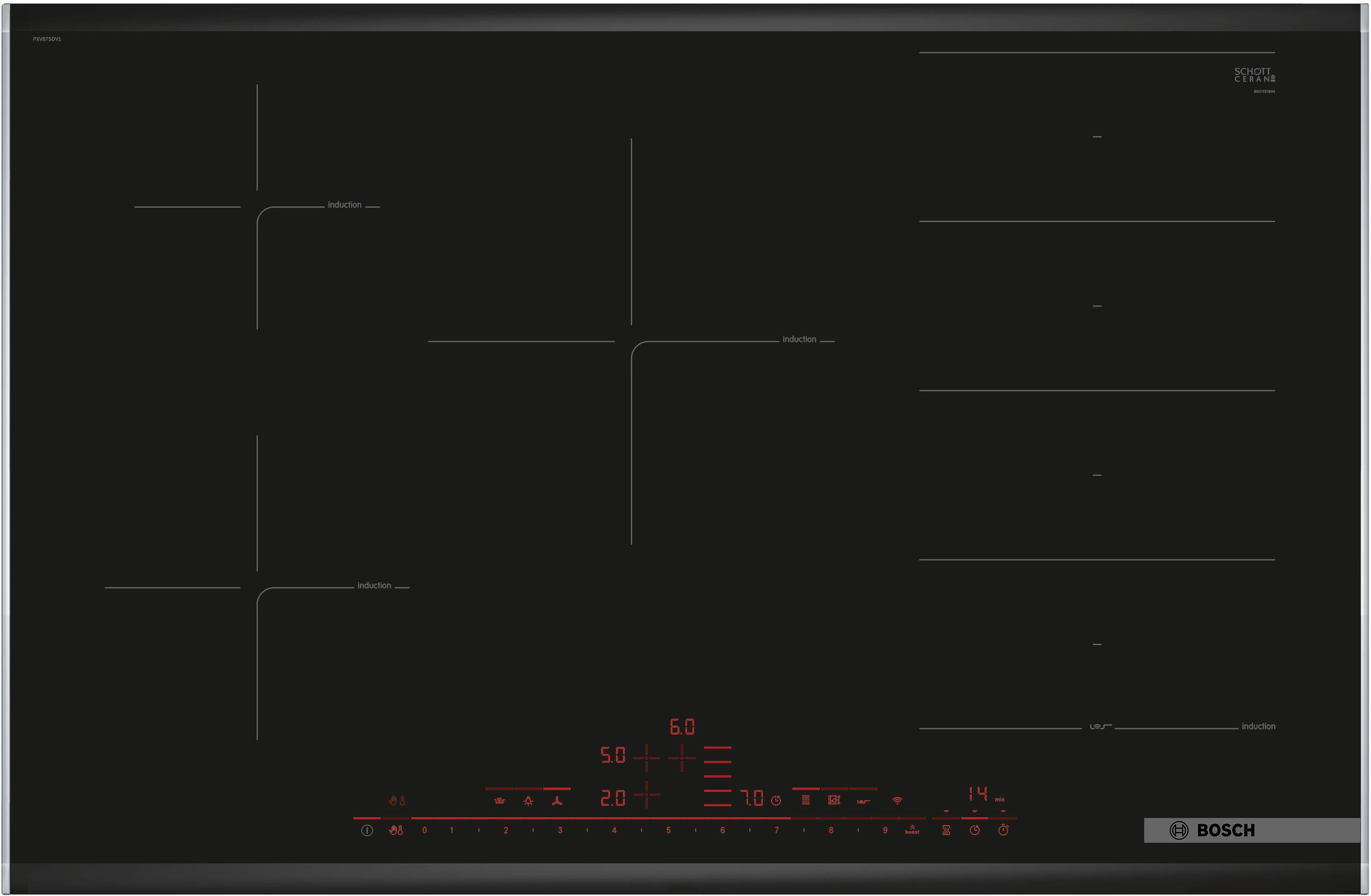 Bosch Serie 8 PXV875DV1E Piano cottura a induzione in vetroceramica 80 cm 1 zona Flex e 3 standard 5 Livelli PerfectFry DirectSelect Premium Home Connect Nero