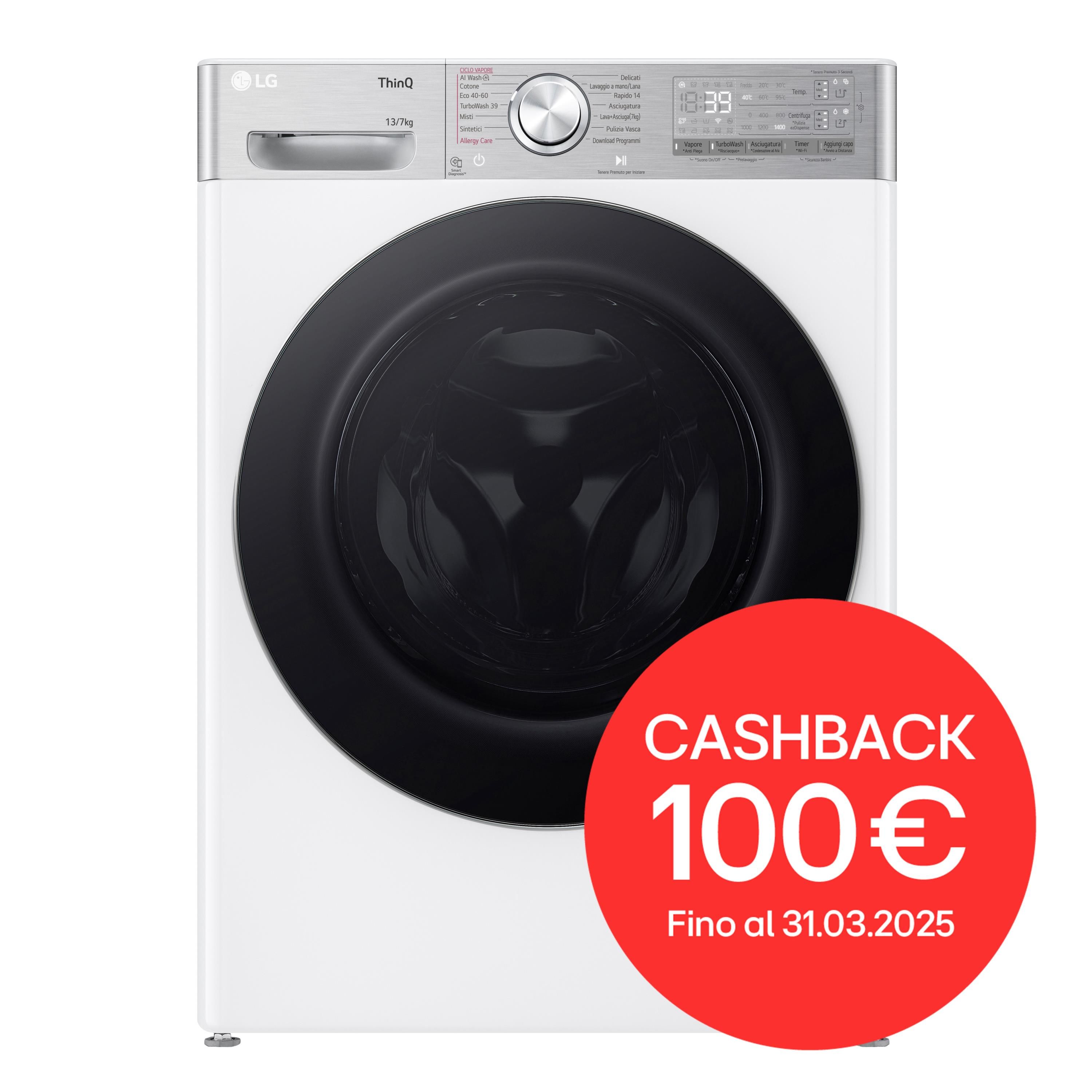 Lg D4R9513TPWC Lavasciuga 13/7kg AI DD Serie R9 Classe D 1400 giri TurboWash 360 Vapore antipiega Autodosaggio Wi-Fi Bianca